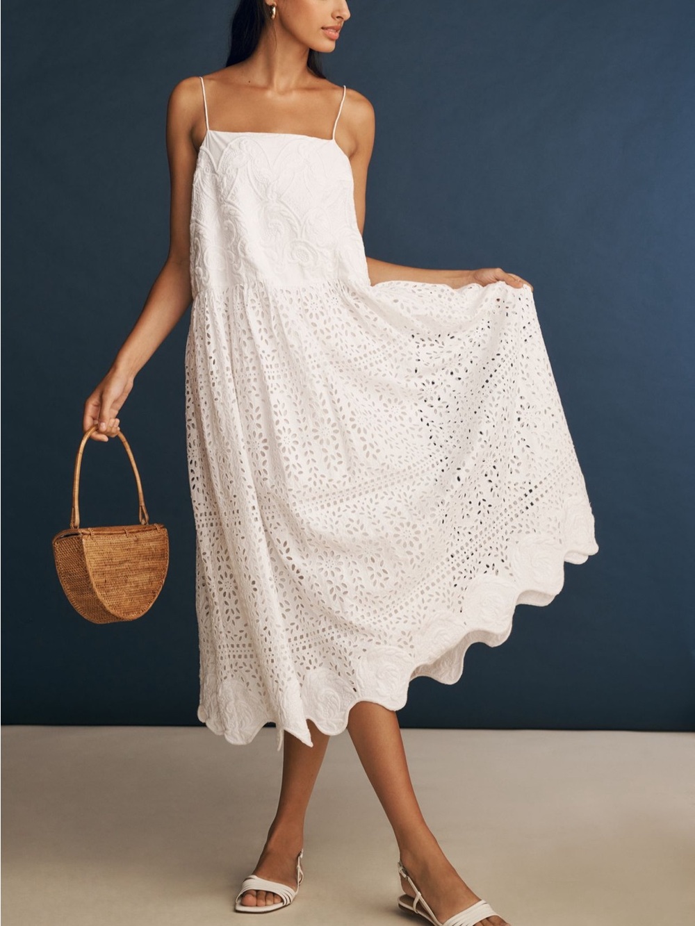 RHODE Rosa White Embroidered Eyelet Spaghetti-Strap Midi Dress - Anthropologie